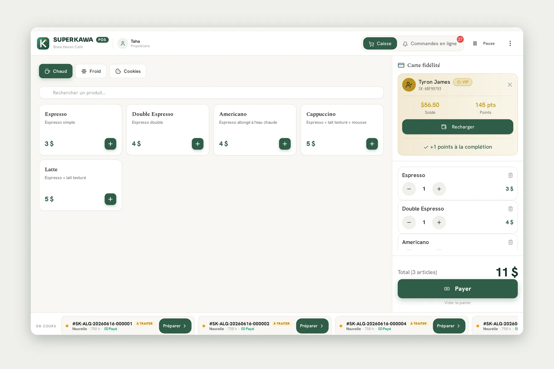 SUPERKAWA customer app displaying the menu, loyalty points, wallet balance and identification QR code