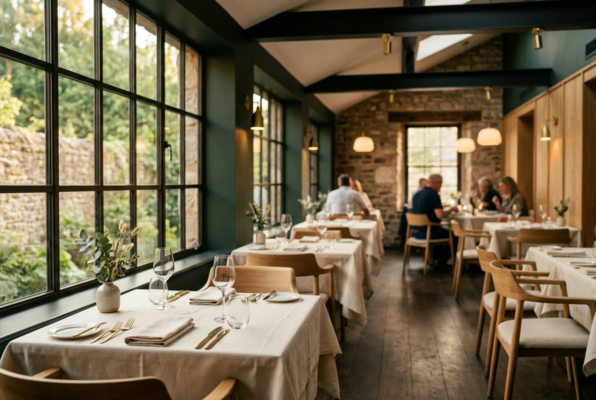 Salle d'un restaurant indépendant prête pour le service à l'ouverture