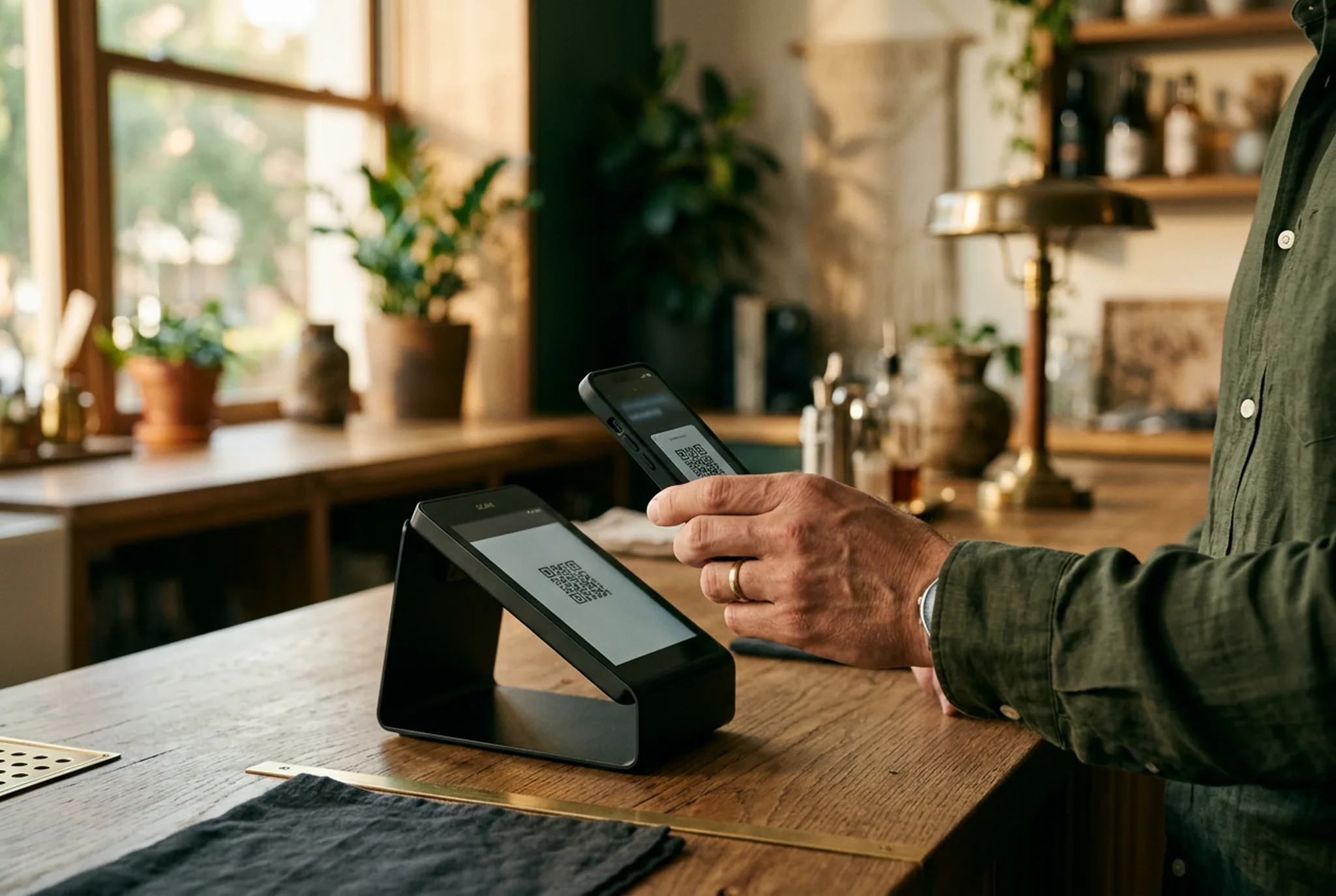 Stamped paper loyalty card next to a smartphone showing a digital loyalty interface, on the counter of a modern coffee shop